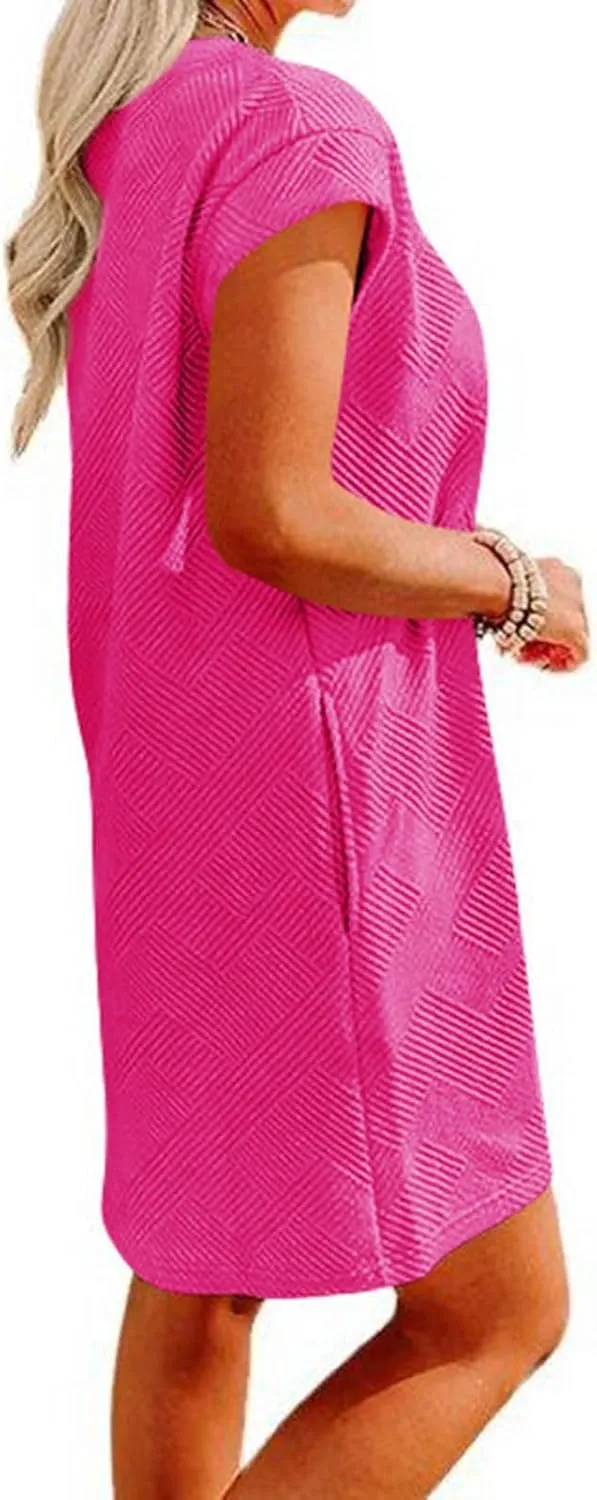 ZDRZK Dresses for Women Casual Cap Sleeve Solid Color Work Sundresses with Pockets Summer Loose Fit Crewneck Mini Dress