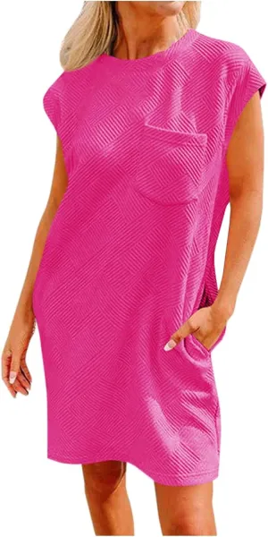 ZDRZK Dresses for Women Casual Cap Sleeve Solid Color Work Sundresses with Pockets Summer Loose Fit Crewneck Mini Dress